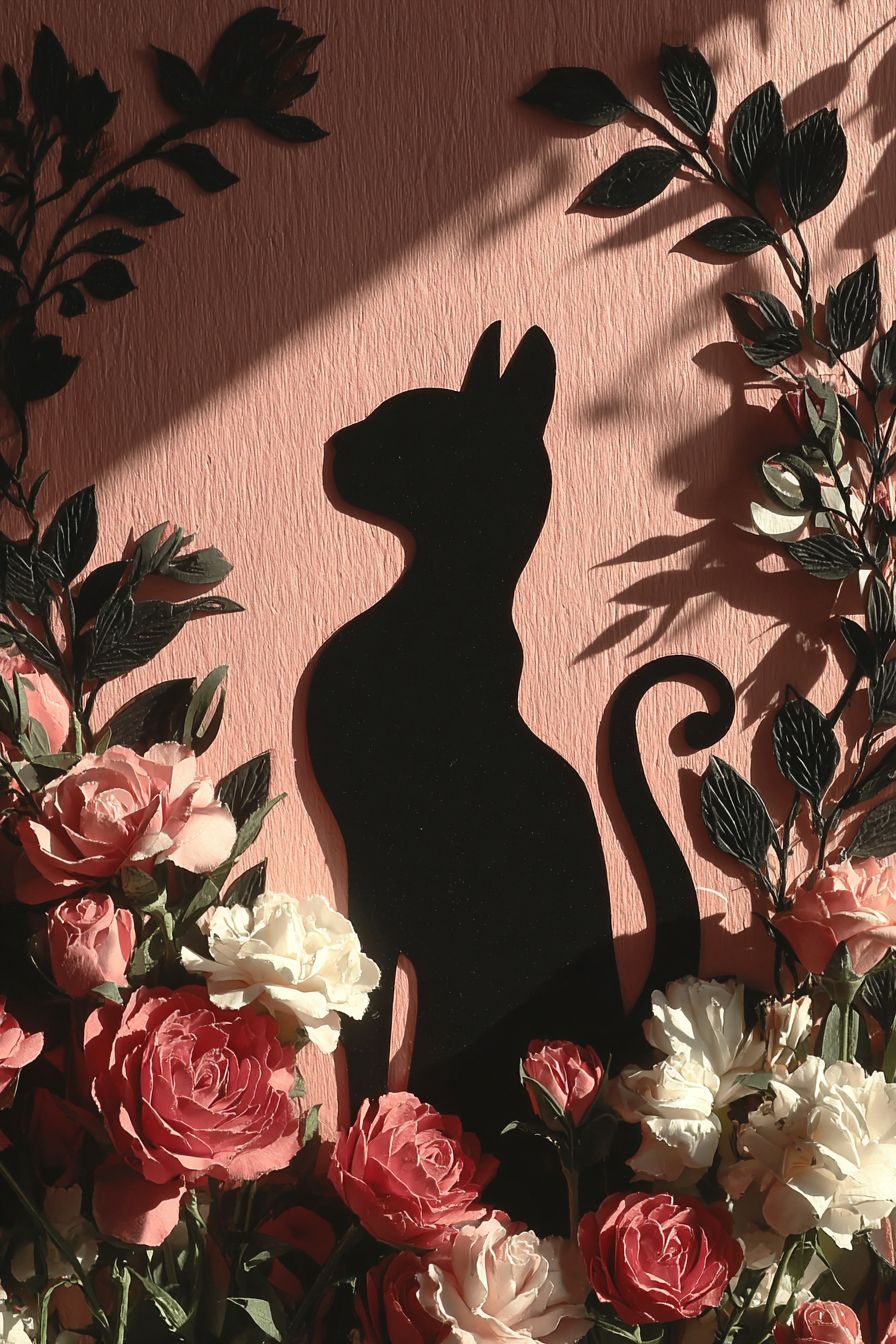 Una silueta victoriana de un Devon Rex con un fondo de jardín de rosas