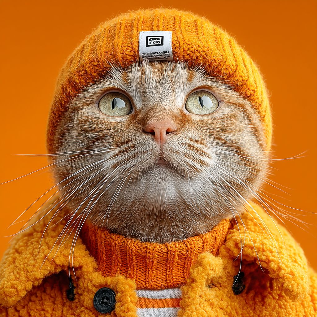Eine orangefarbene Katze in Streetwear schaut in einer menschlichen Pose direkt in die Kamera