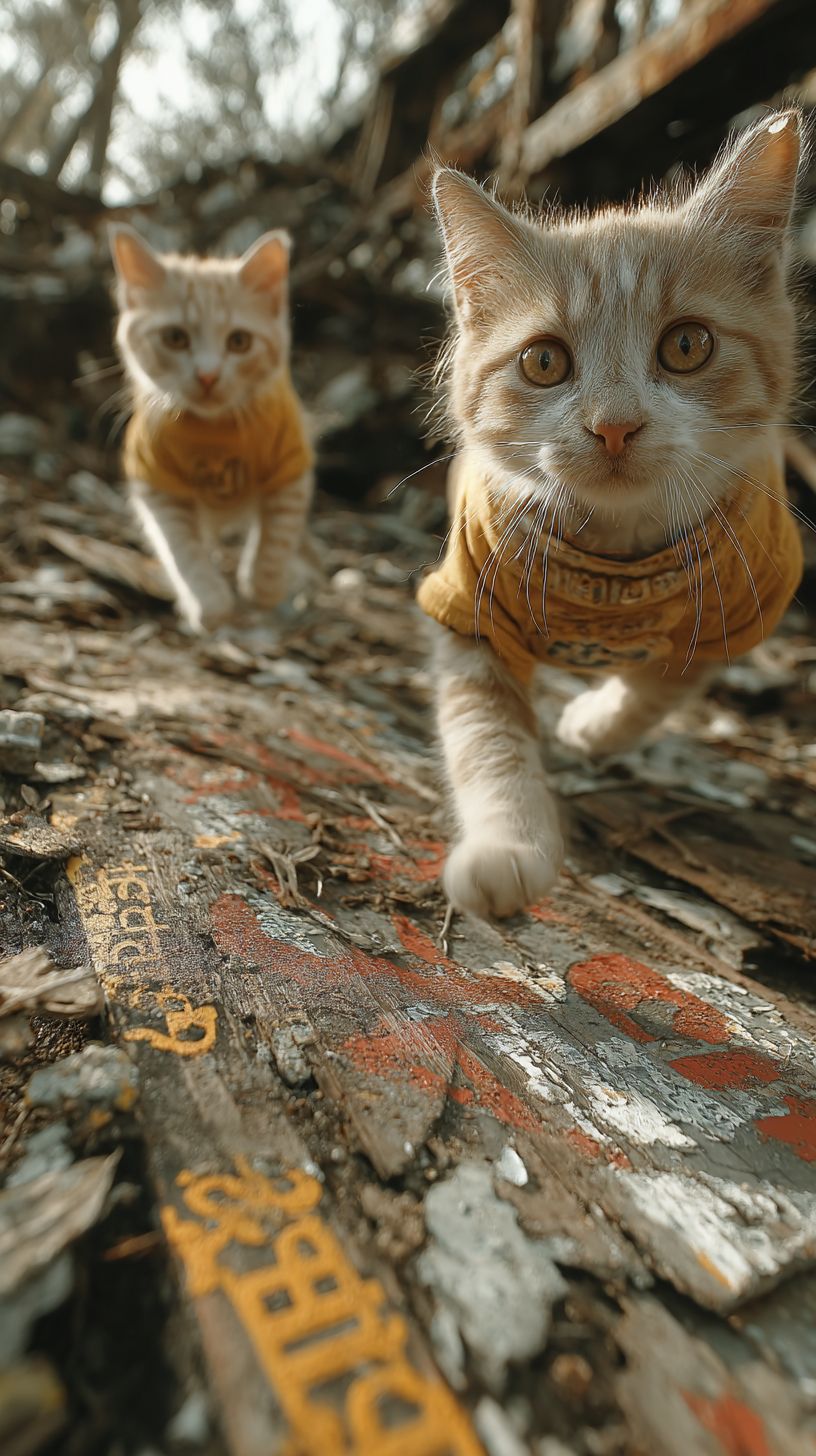 两只或三只可爱的胖猫穿着圆领T恤在森林中奔跑跳跃