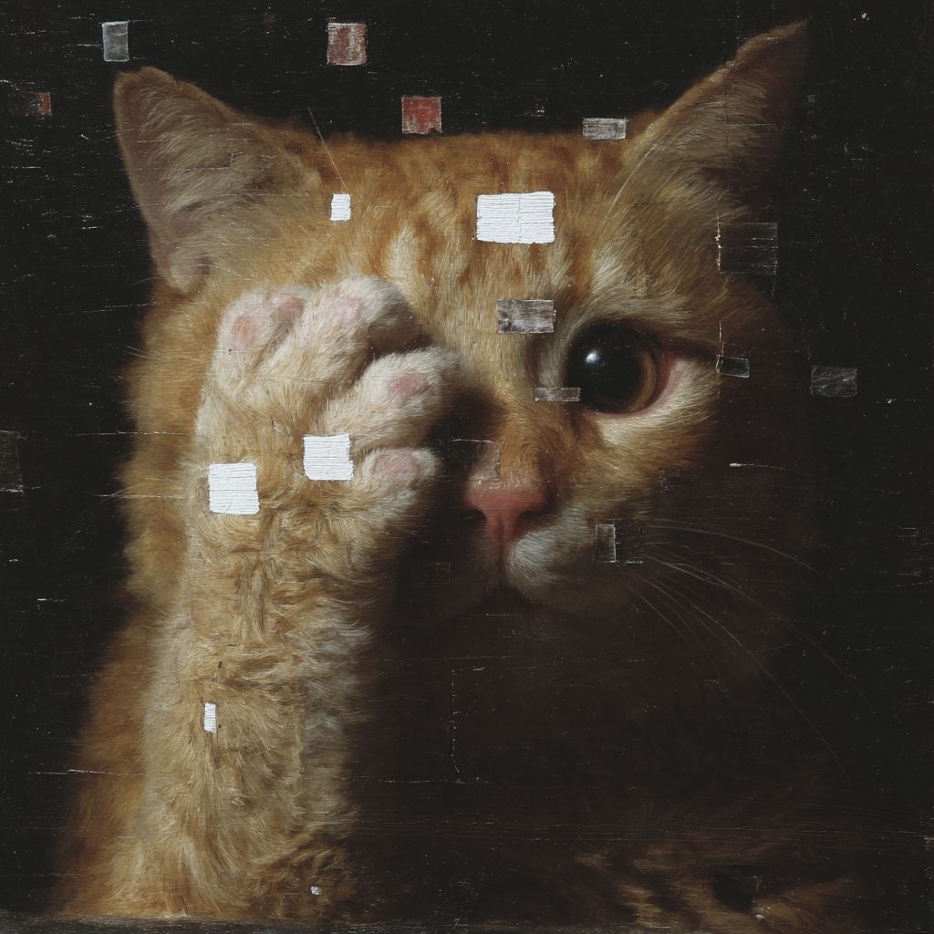 Ein einzigartiges Gemälde einer orangefarbenen Katze mit menschlichen Augen, die ihren Kopf ersetzen und in einer Selfie-Pose