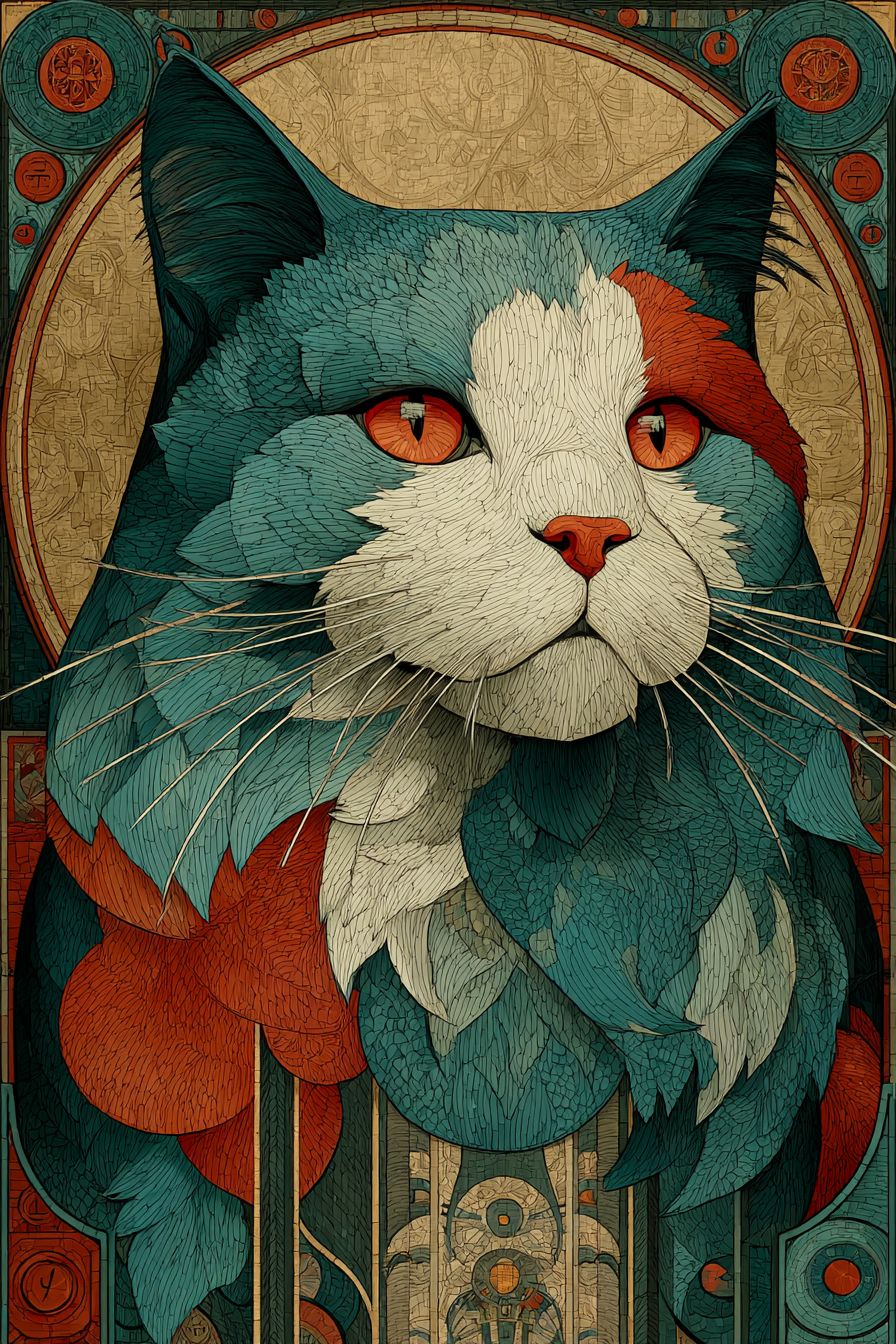 一幅描绘西伯利亚猫的俄罗斯图标风格画作，带有金光圈，深蓝和红色，呈现东正教教堂内部的神秘气息
