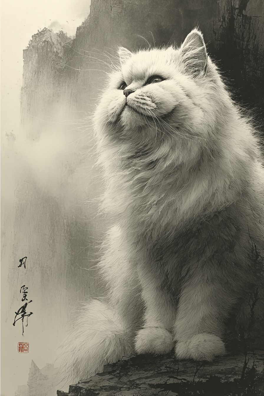 一幅描绘波斯猫的中国水墨画，优雅的笔触和雾蒙蒙的山景