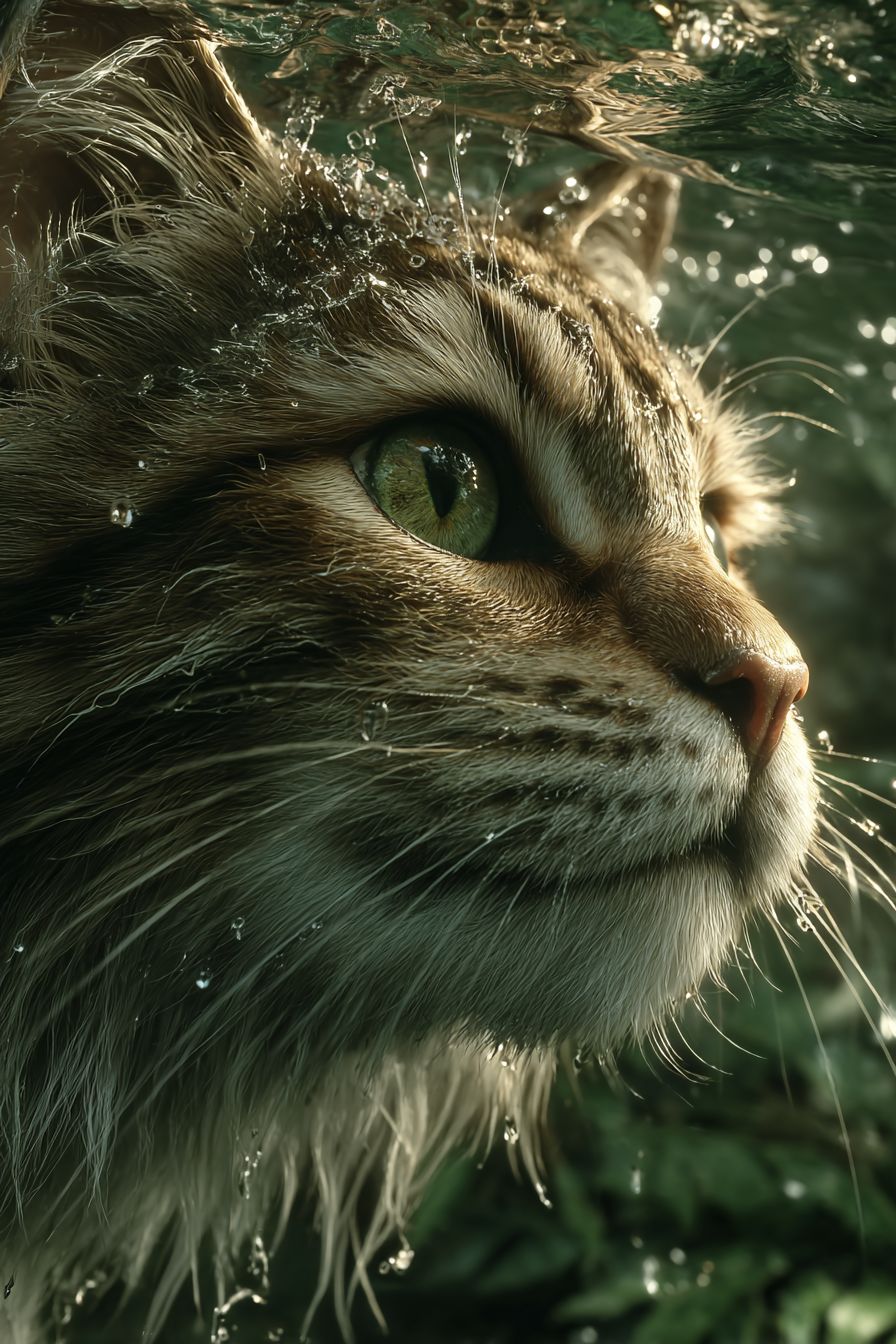 一只逼真的西伯利亚猫在清澈的河里游泳