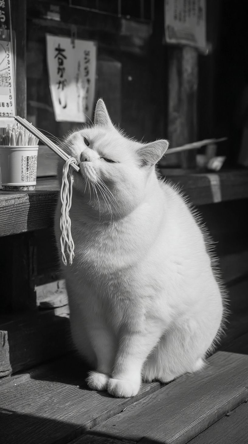 胖貓用筷子吃拉麵