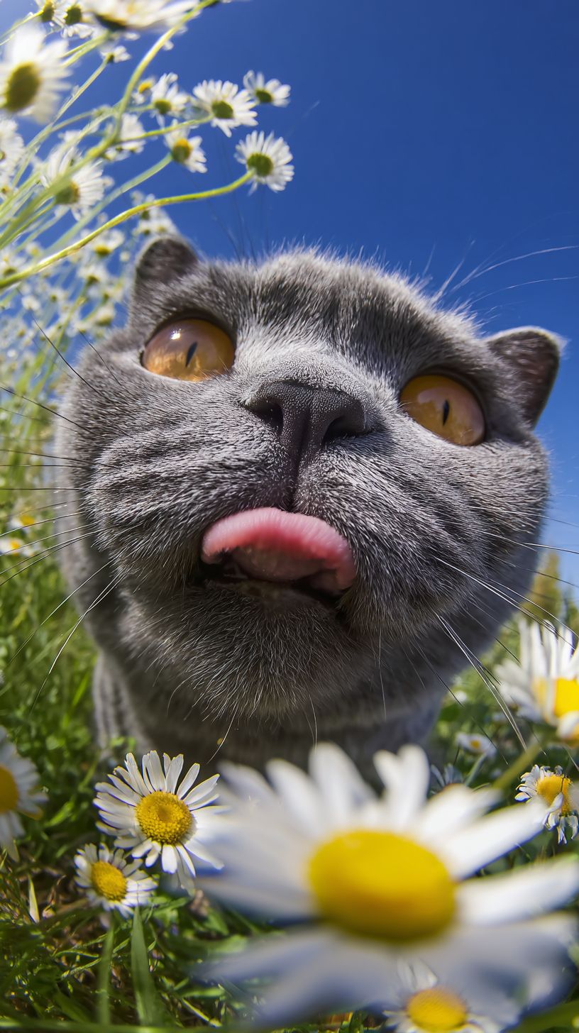 a funny blue British Shorthair cat licking the camera