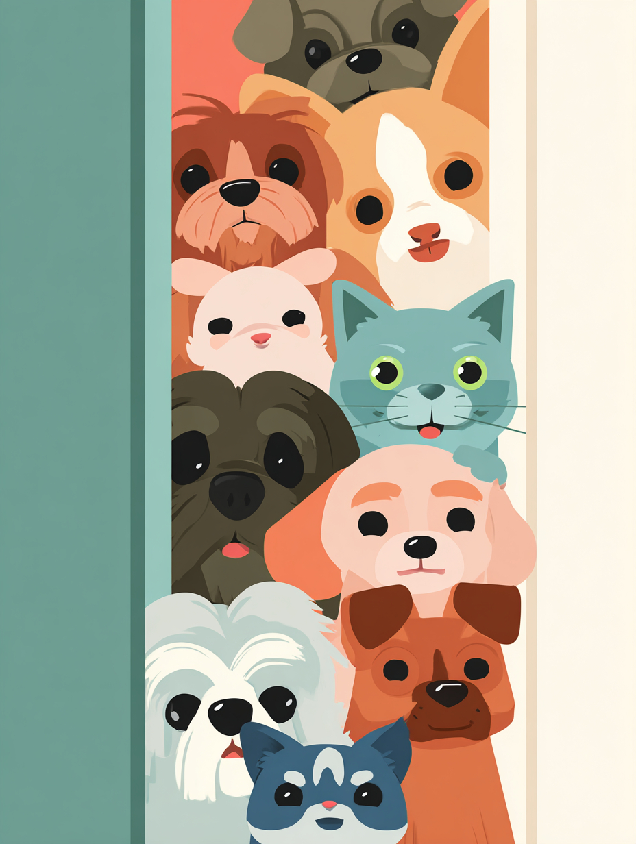 Perros y gatos asoman juguetonamente de un marco de puerta en un diseño plano con colores brillantes