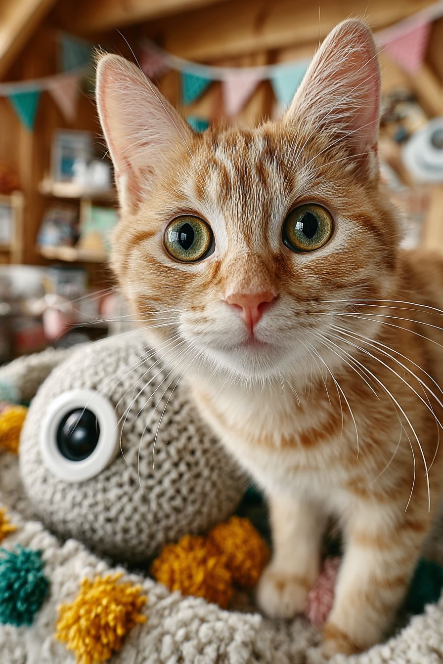 一只小橘猫在猫窝里仰望镜头