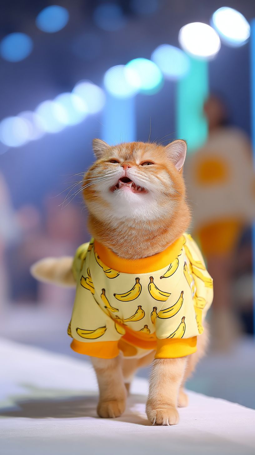 幸せそうな表情の太ったオレンジの猫が、バナナの飾り付きの黄色いTシャツを着てファッションショーで踊っています。