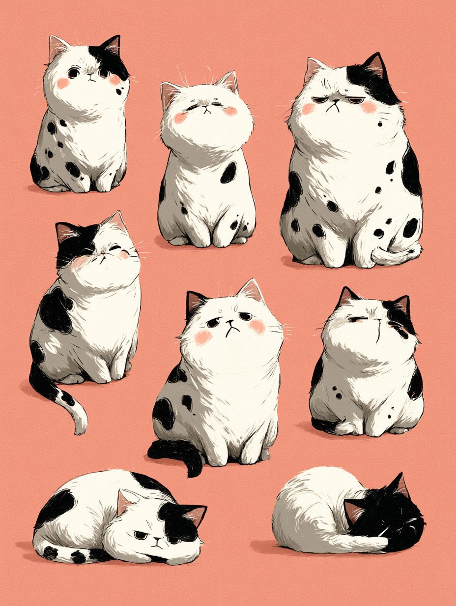 かわいい白猫が黒い斑点を持ち、様々なポーズや表情を見せます。