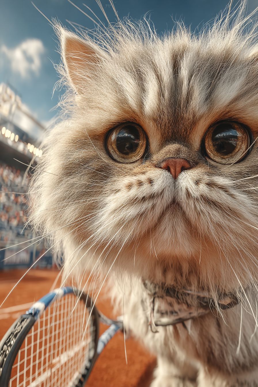 Eine fotorealistische Perserkatze schwingt einen Tennisschläger mit dem Mund auf einem Sandplatz