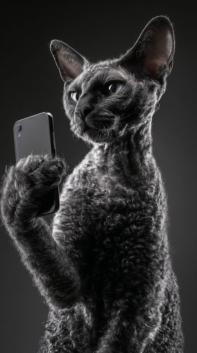 Un elegante gato Cornish Rex está tomando una selfie.