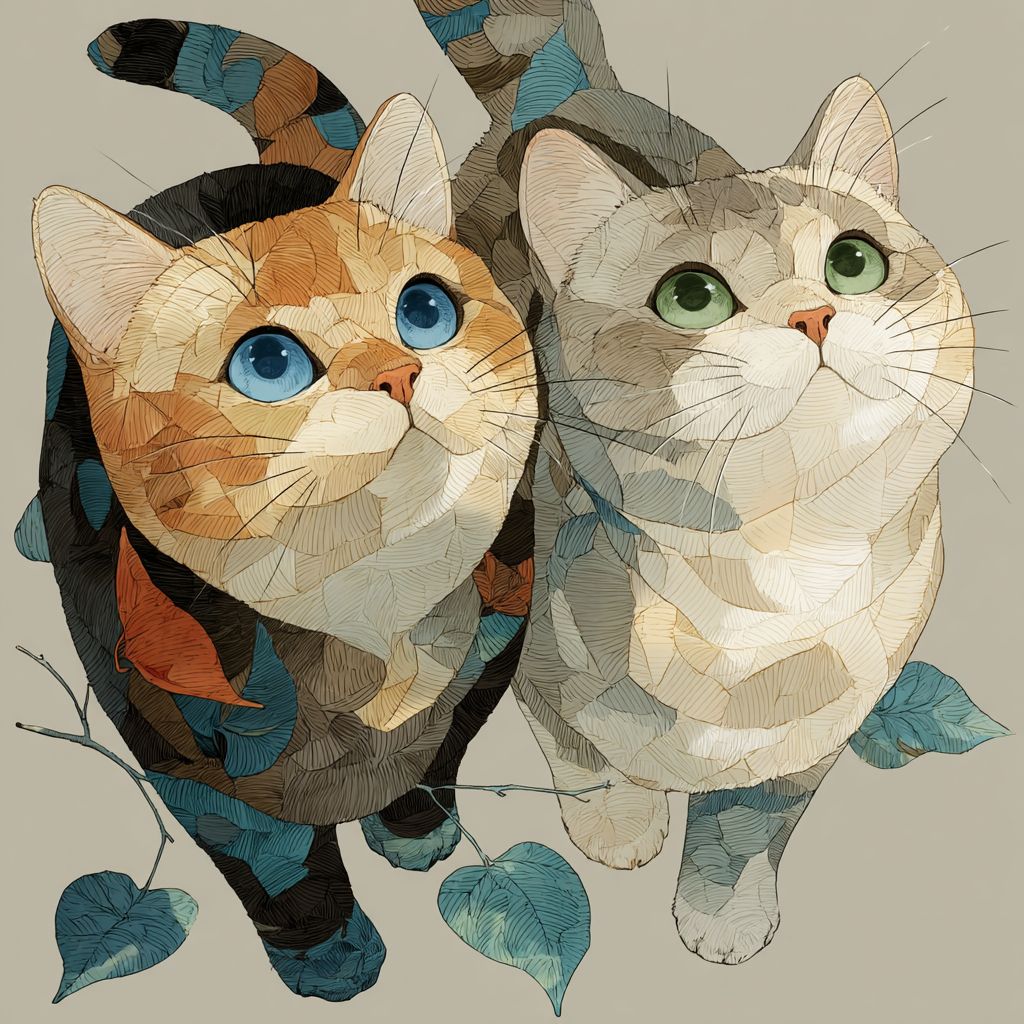 伝統的な日本のスタイルのイラストで、2匹のかわいい金色のブリティッシュショートヘアの子猫が一緒に遊んでいる