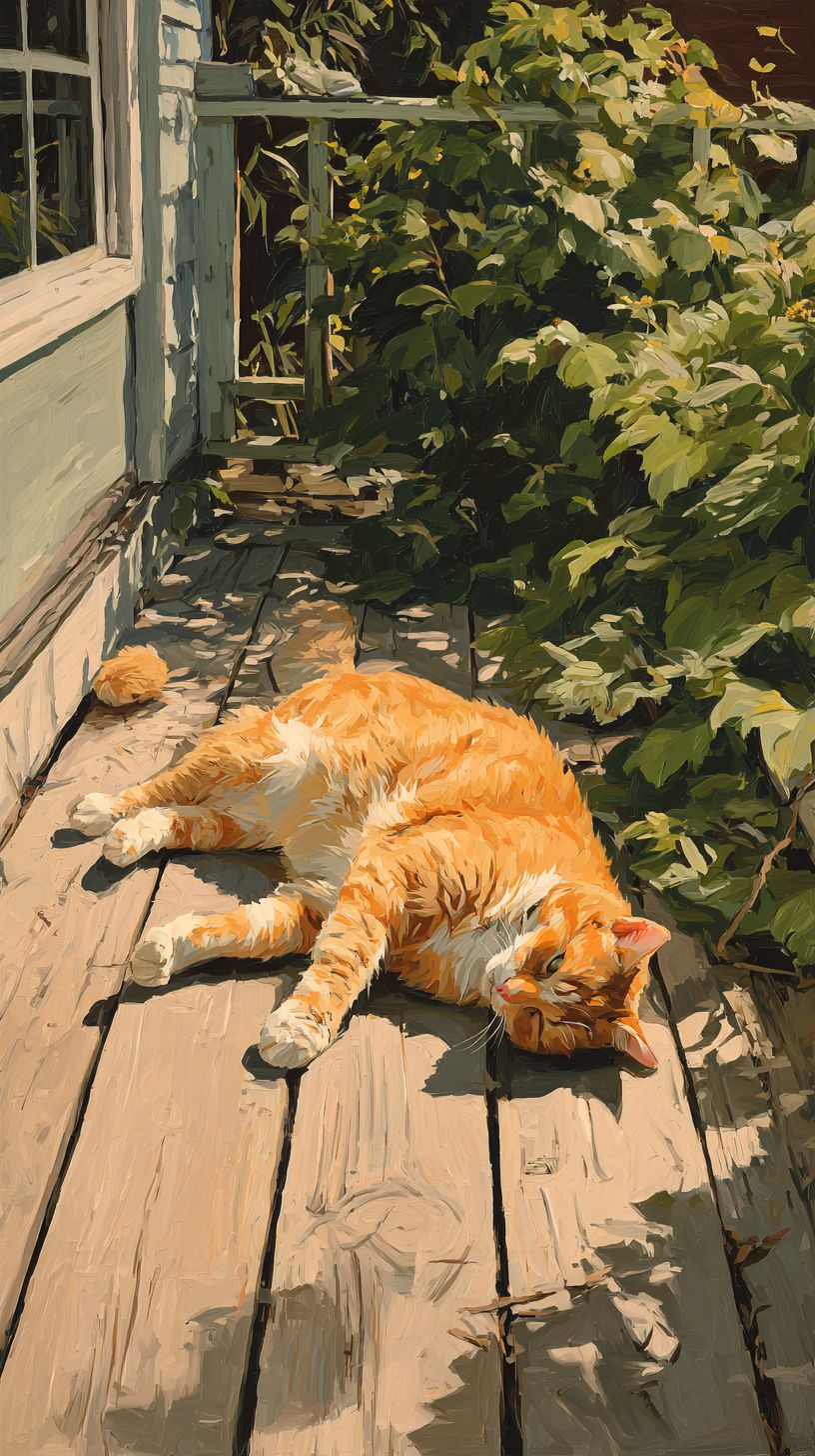 Eine dicke orange Katze liegt in der Sonne neben einem halbvollen Glas Limonade