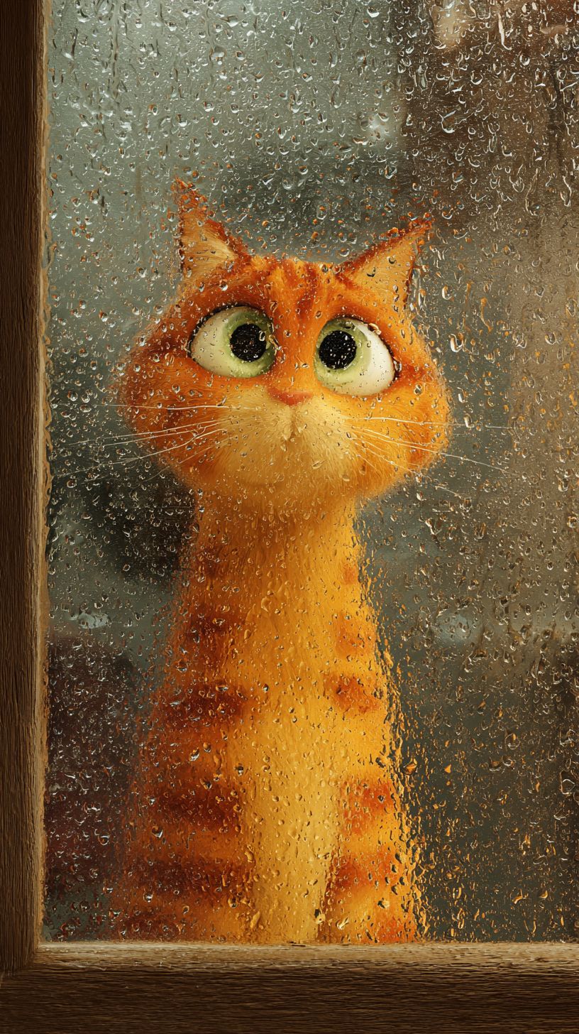 Оранжевый полосатый кот в стиле Pixar у окна с каплями дождя на стекле и мокрым миром снаружи