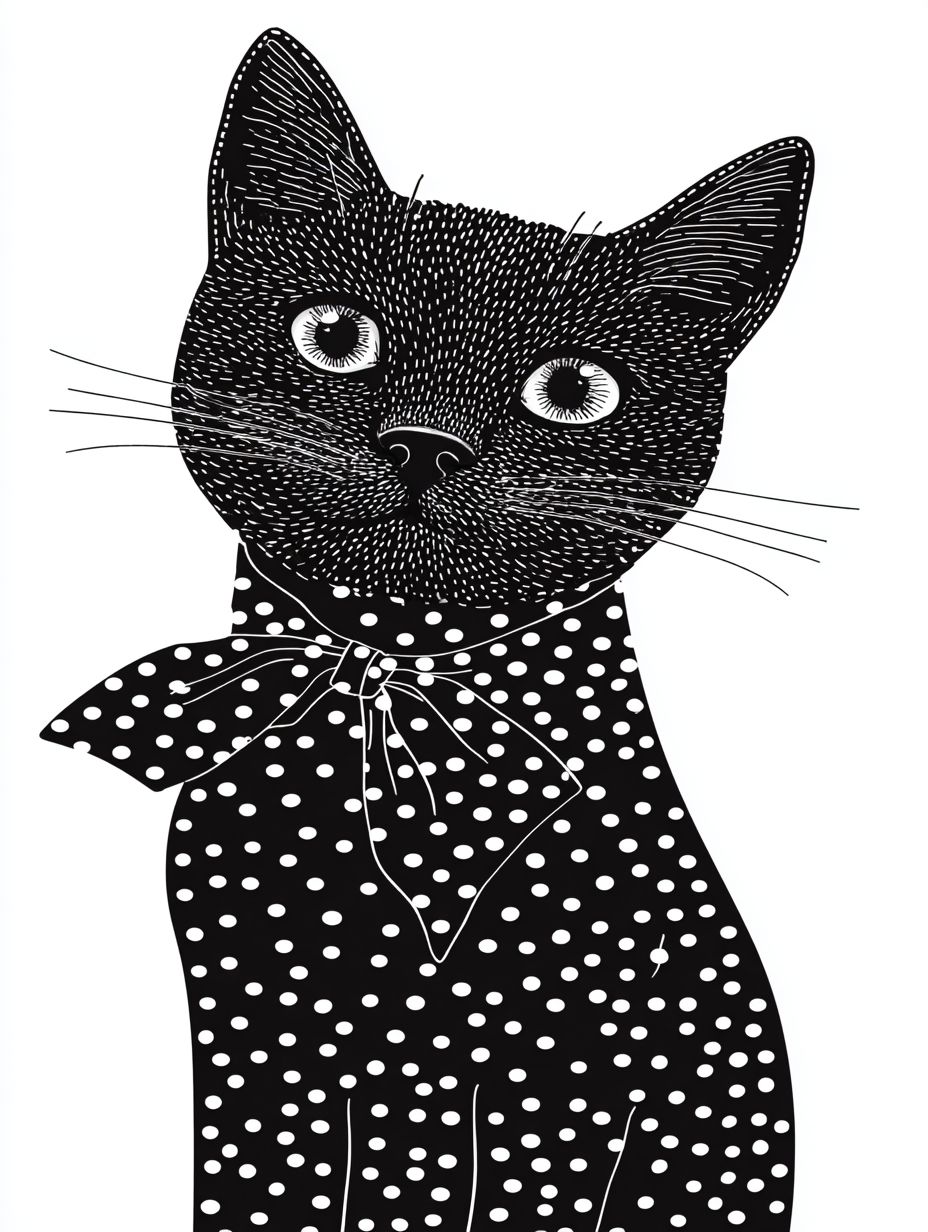 黒いダンディズムの服を着た猫の面白いイラスト、メットガラのファッションスタイルを表しています。