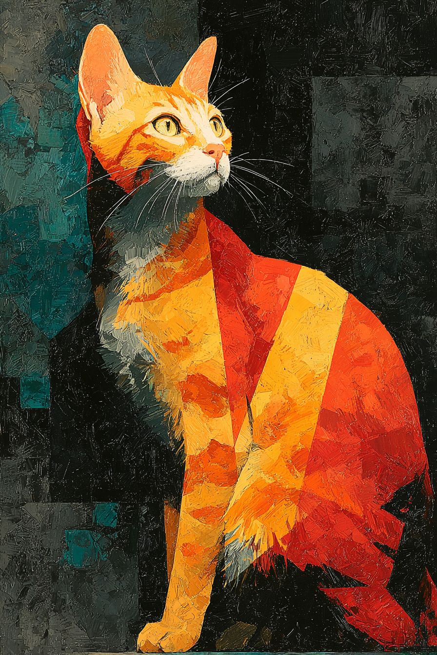一幅表现主义的Ocicat猫画，采用大胆的笔触，柠檬黄和黑色交错，背景是风暴般的天空，目光强烈