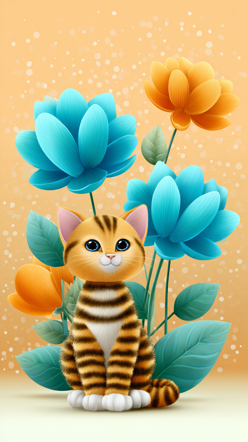 Un chat tigré de style oriental est assis fièrement parmi des fleurs bleues et oranges