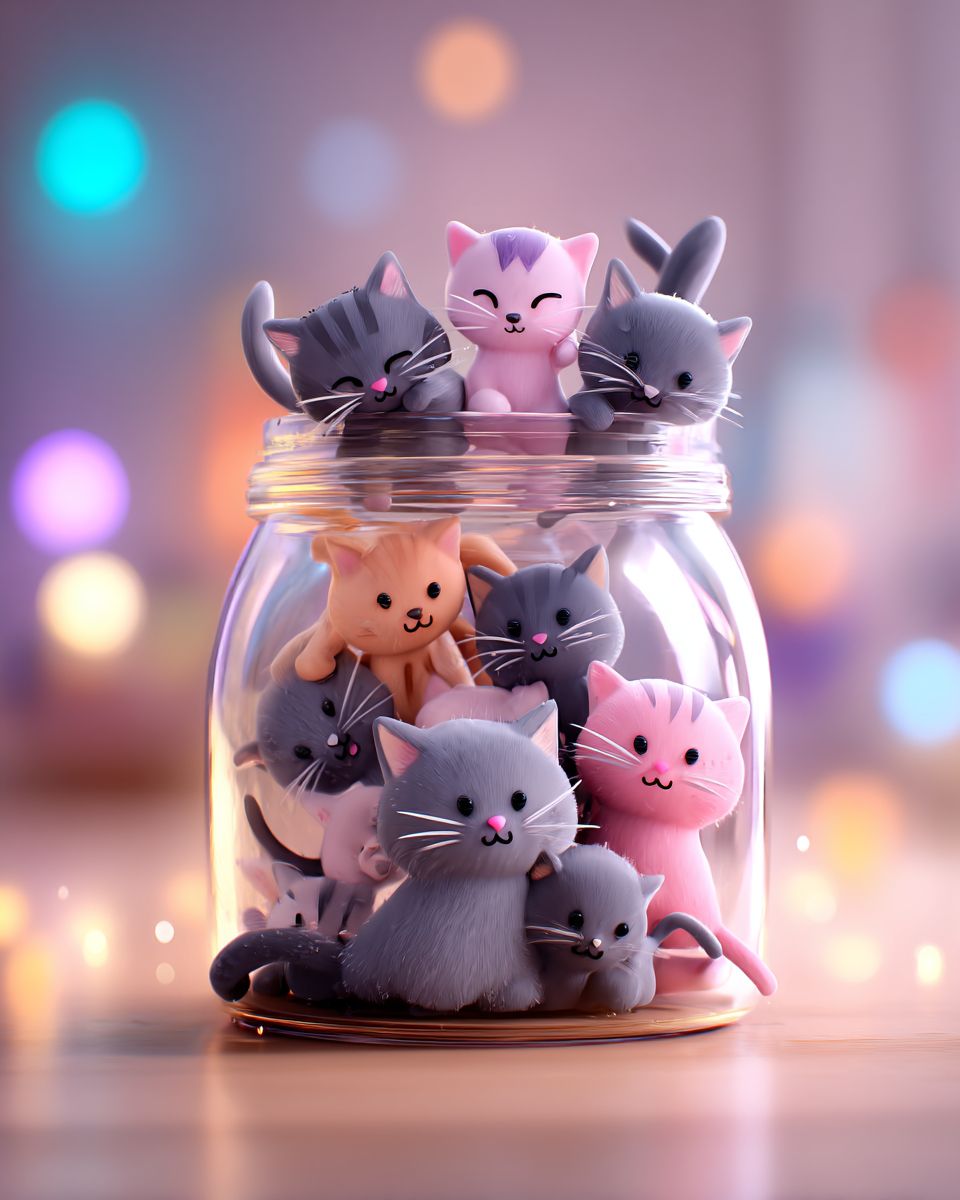 An empty jar is half full of cute kittens, with a few kittens climbing in