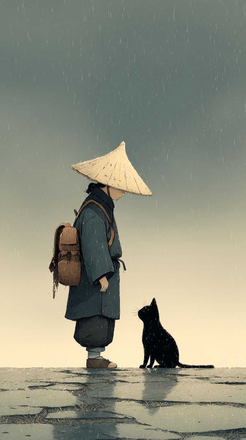 空山新雨後，一位道士和一隻黑貓