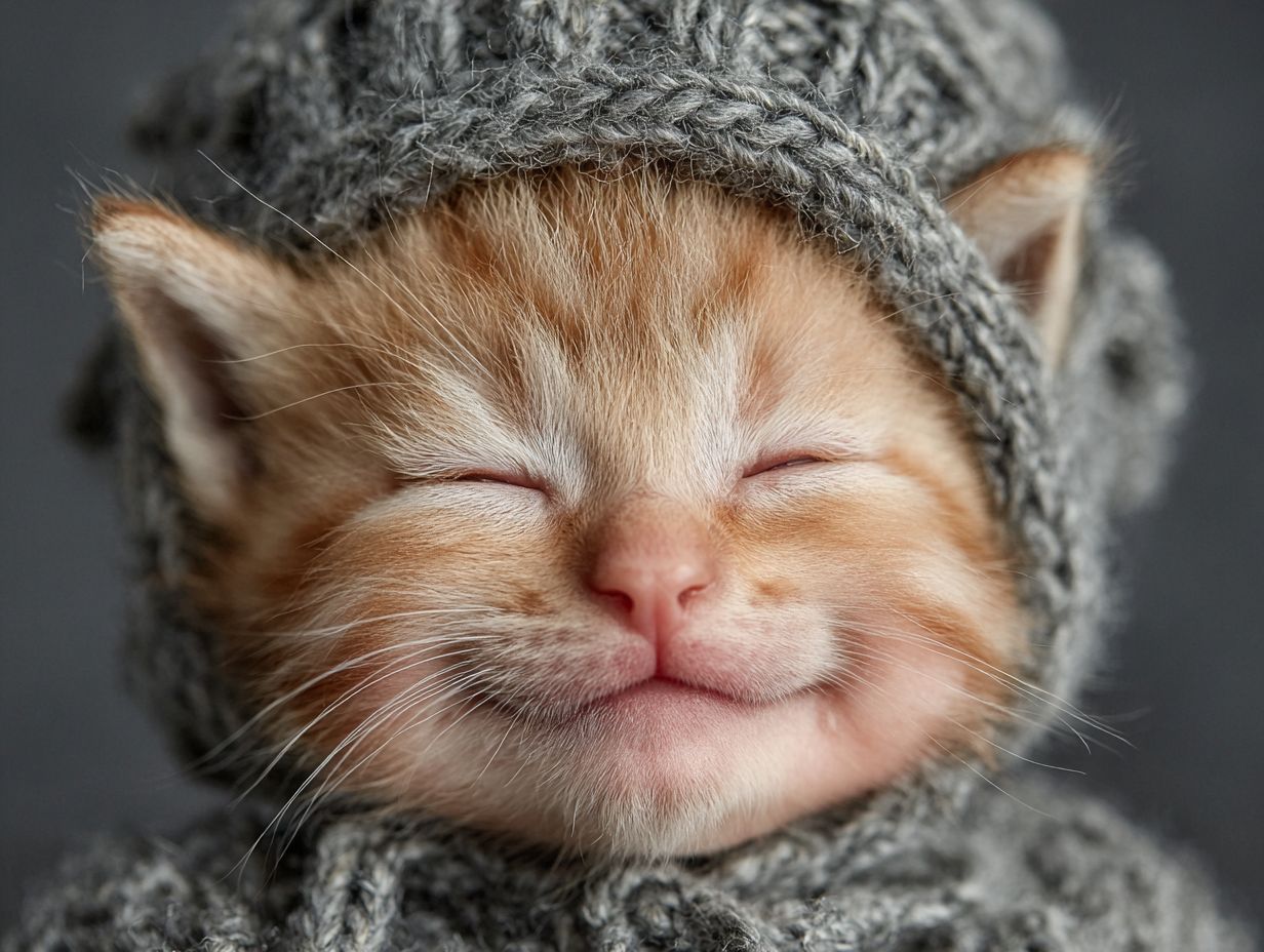 可愛らしい赤ちゃんが黒いグラデーションの背景で微笑んでいて、頭の上には子猫がいる