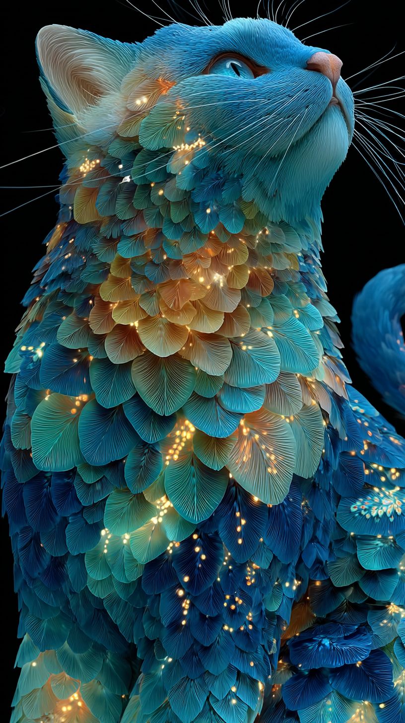 在神秘森林中，一只美丽的猫形生物拥有五彩羽毛和银河般的眼睛，周围环绕着蓝色生物。
