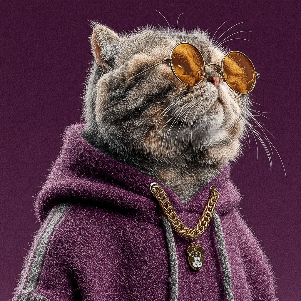 一只灰色的苏格兰折耳猫穿着紫色连帽衫和金色墨镜，搭配米奇吊坠金链，展现出时尚自信的形象
