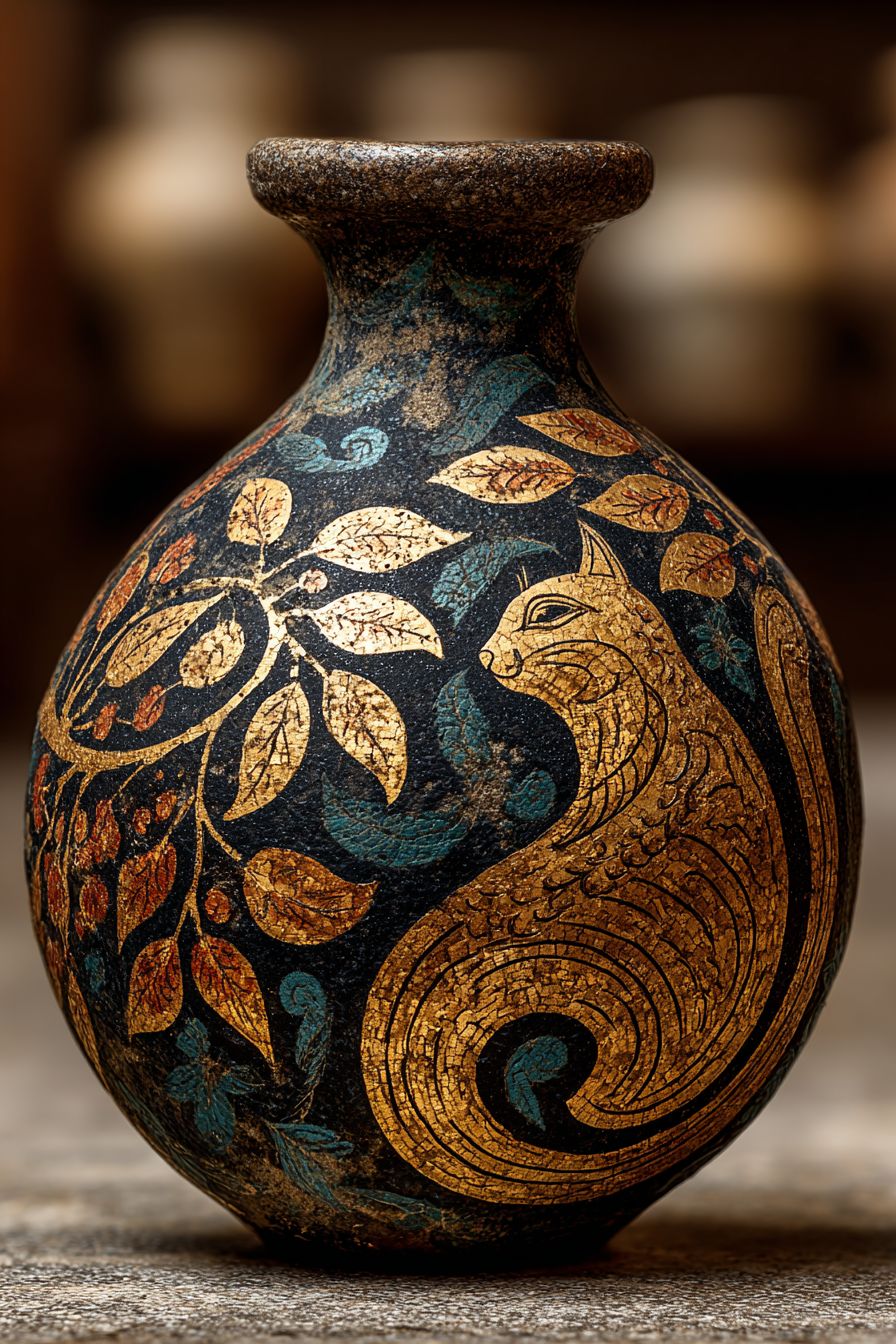 古代ギリシャの黒絵スタイルの陶器、アイジアンキャットと神話的なシーン、オリーブの木の背景がある