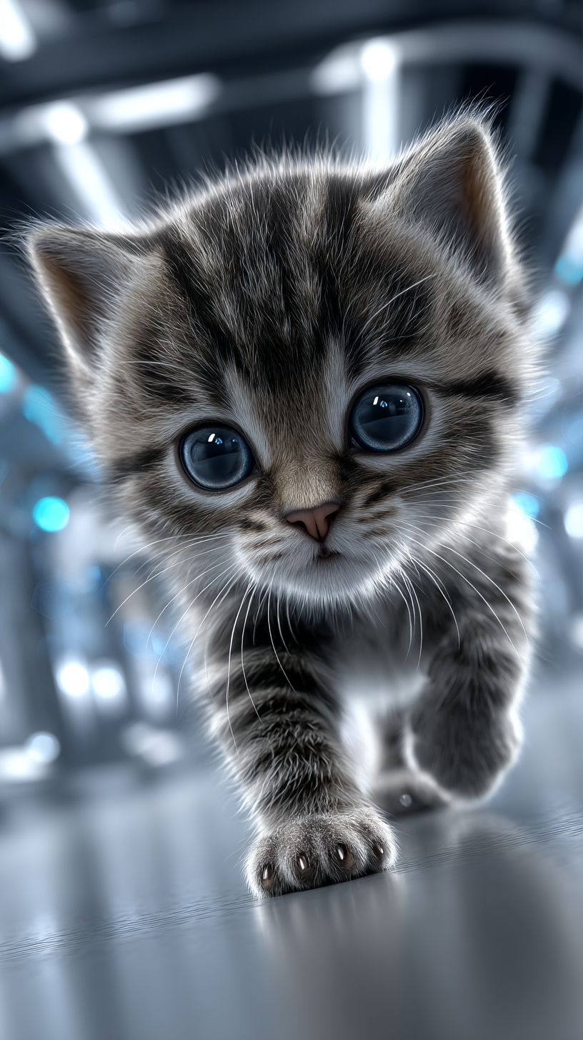 快乐的小猫从右往左跑，背景是兽医诊所