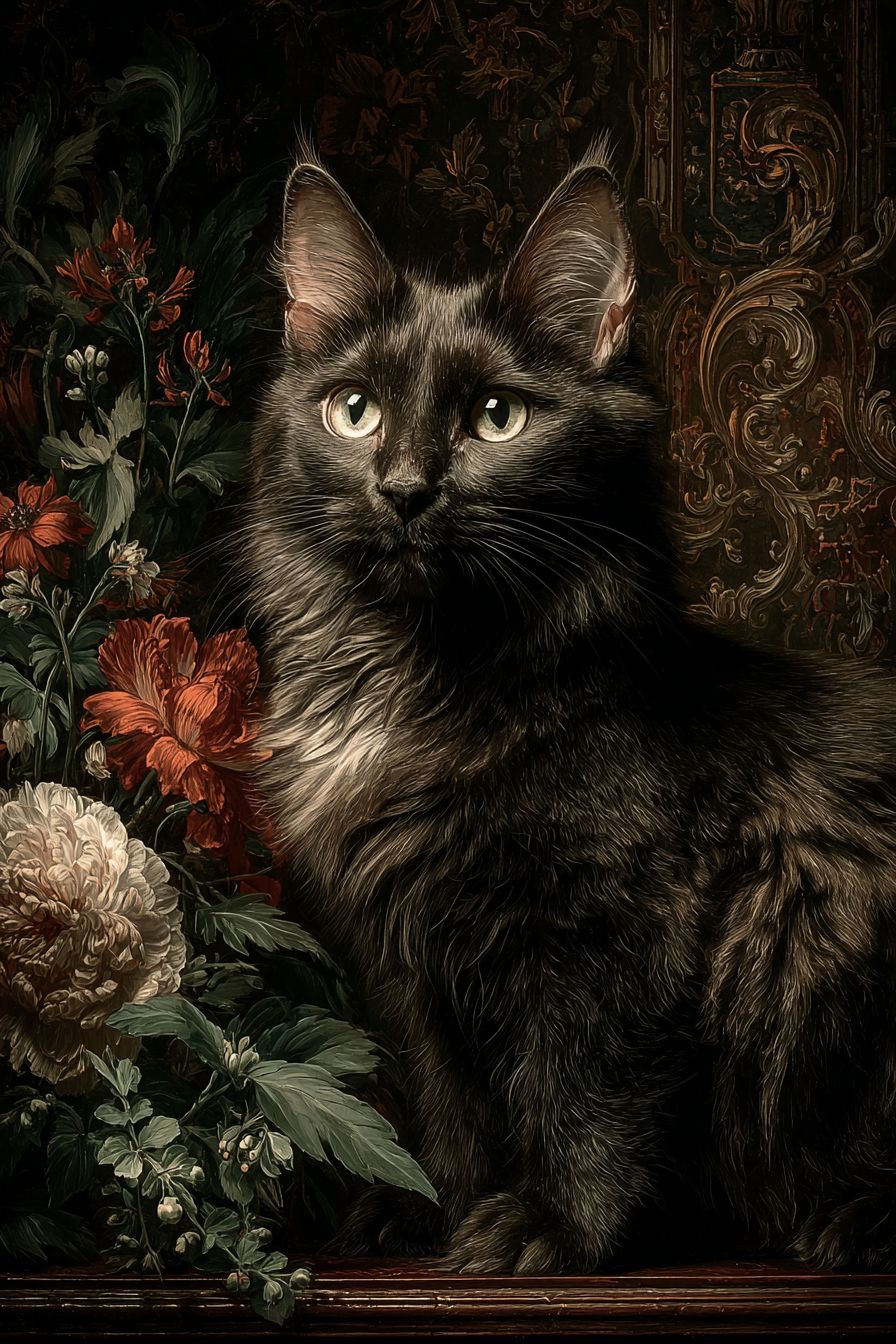 Uma pintura de estilo barroco de um gato Manx