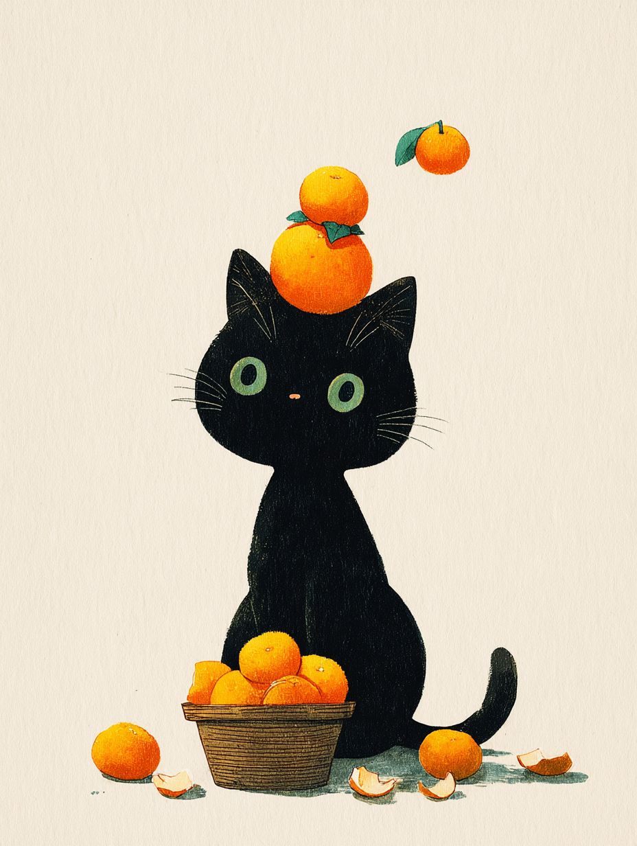 A obra da ilustradora coreana Hyunjoo Jeon apresenta um gato preto com olhos verdes, uma fruta laranja em sua cabeça e uma cesta de frutas na pata