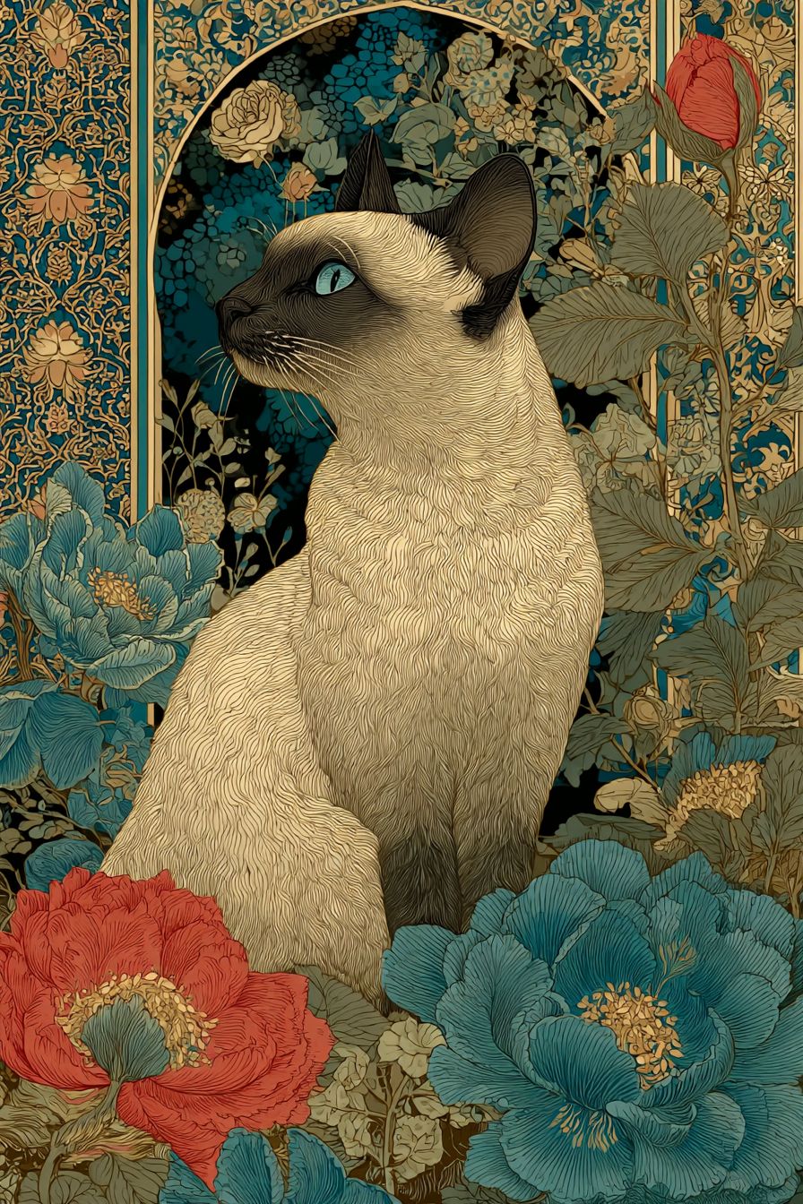 一幅展示优雅姿态的查特鲁猫的波斯细密画，配有复杂的花卉边框和蓝宝石、翡翠色彩