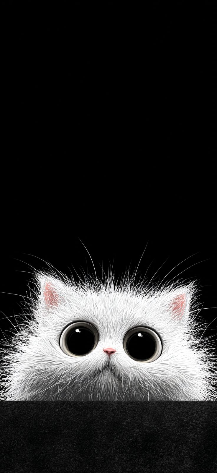 A cute white cat peeking upside down against a black background