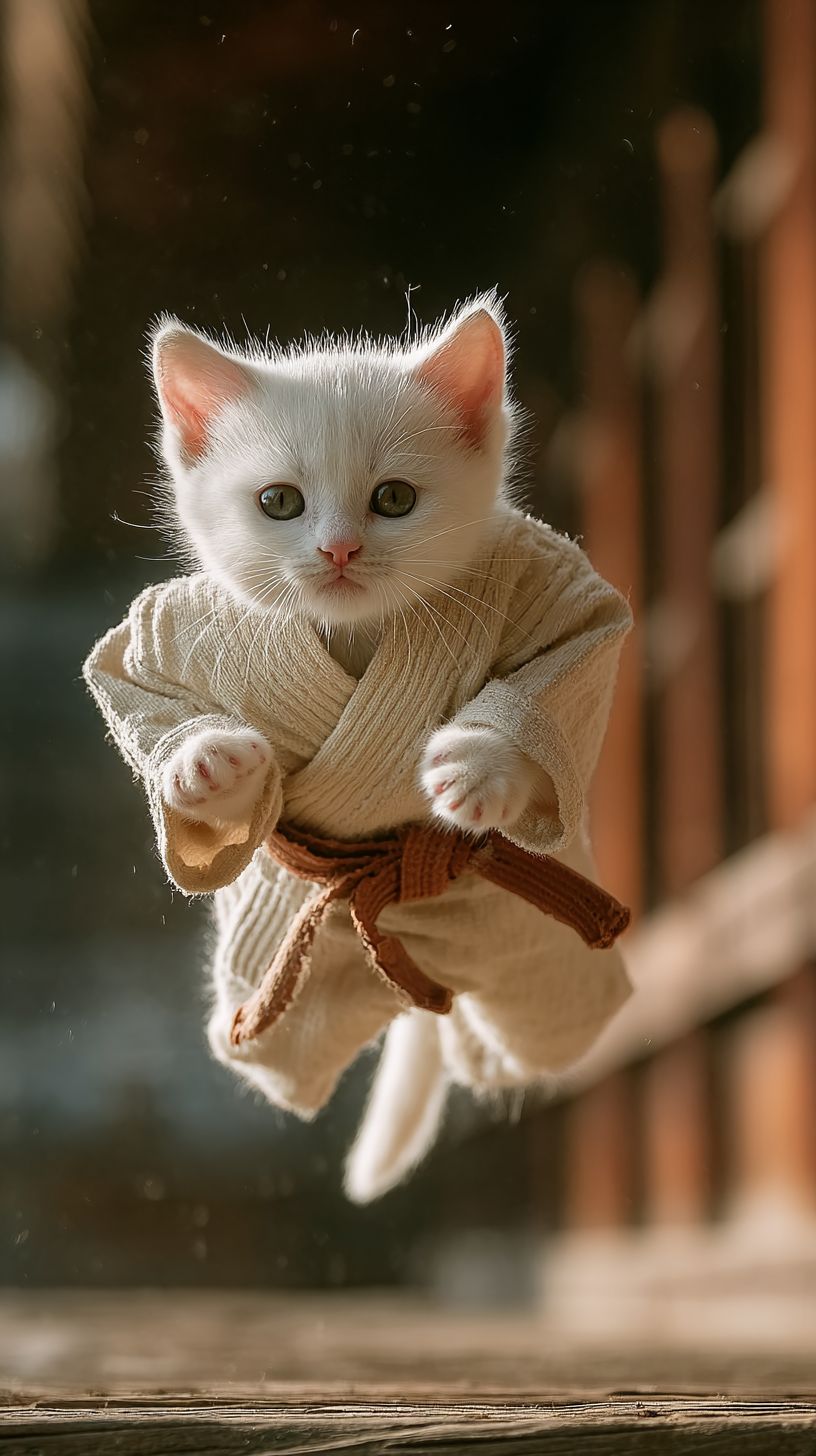 一只白色小猫穿着迷你空手道服在道场背景下跳起空中踢