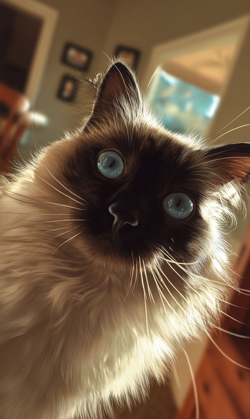 一张毛茸茸的巴厘猫自拍，展现了丝滑的猫毛和蓝色的猫眼，室内温暖的光线下。