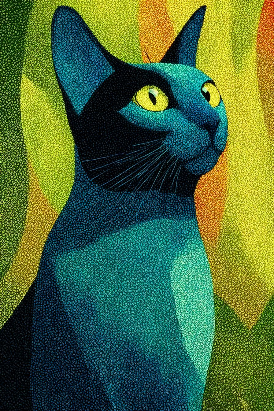 一幅点彩风格的俄罗斯蓝猫，带着愉快的表情，背景为阳光明媚的公园和绿色草地
