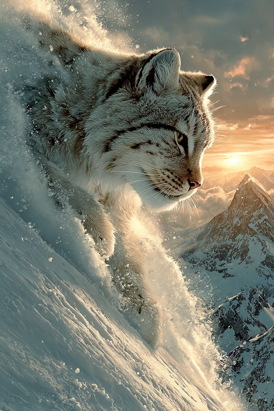 一只真实的西伯利亚猫在雪坡上滑雪