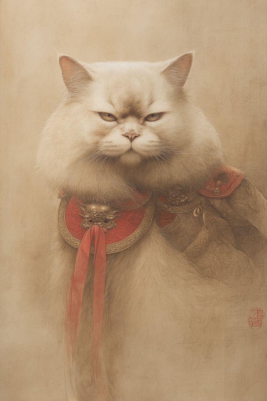 Ein traditionelles chinesisches Tuschmalerei-Poster eines Katzenimperators, das den Gott des Reichtums darstellt, mit sanften Farben und hohen Details.