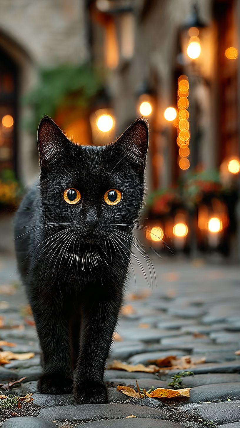 一只黑猫在爱沙尼亚塔林的鹅卵石街道上走