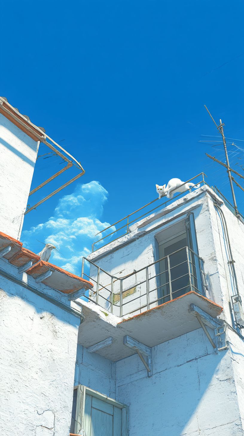 A small white cat is basking in the sun on the rooftop under a bright blue sky.