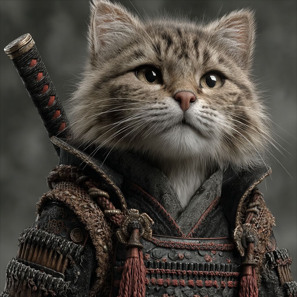 Un gato macho vestido con armadura samurái de laca negra está de pie, mirando al espectador con una katana en su espalda frente a un campo de batalla brumoso