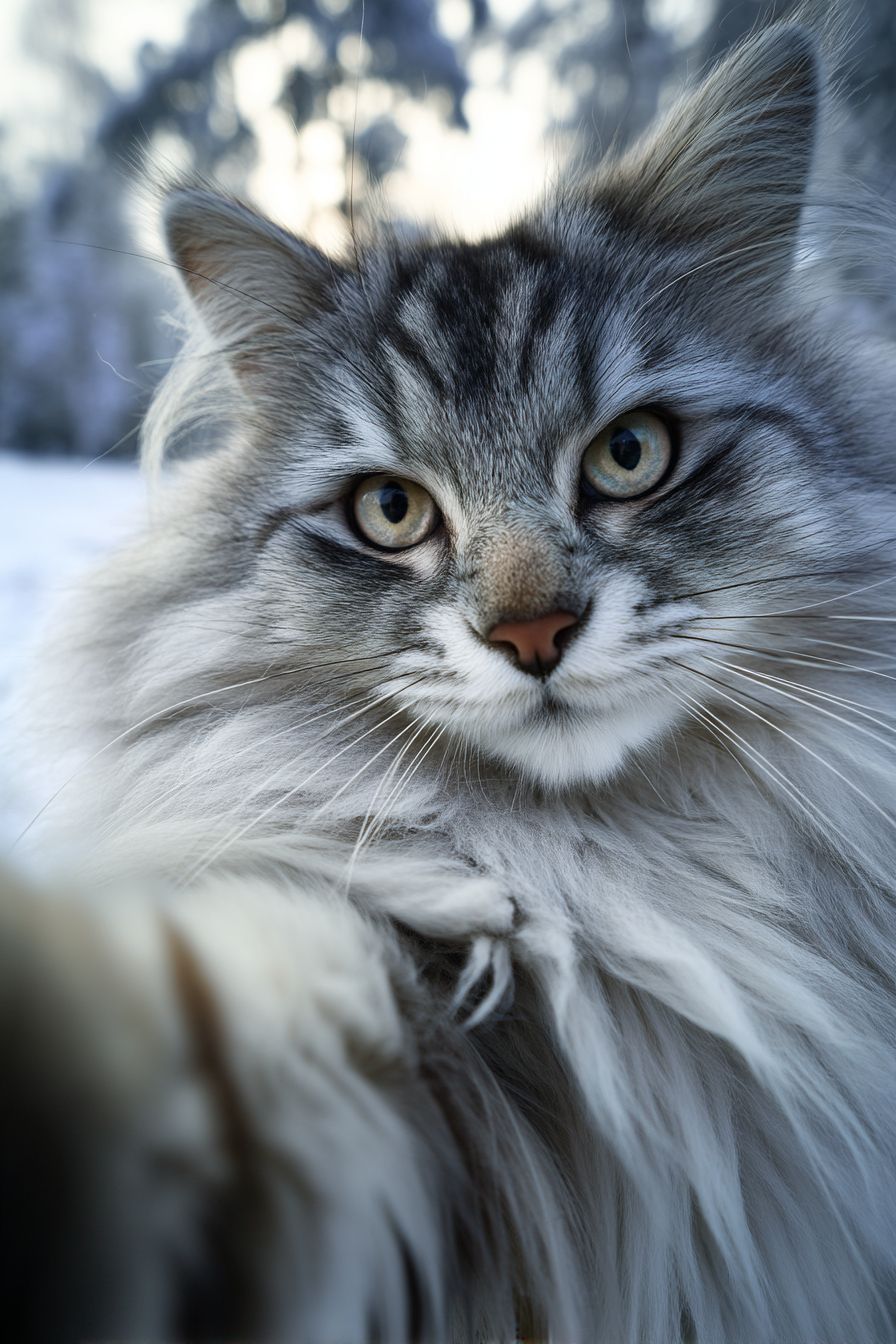 A fluffy Siberian cat selfie in a snowy outdoor setting with lifelike photography and intense cat eyes.