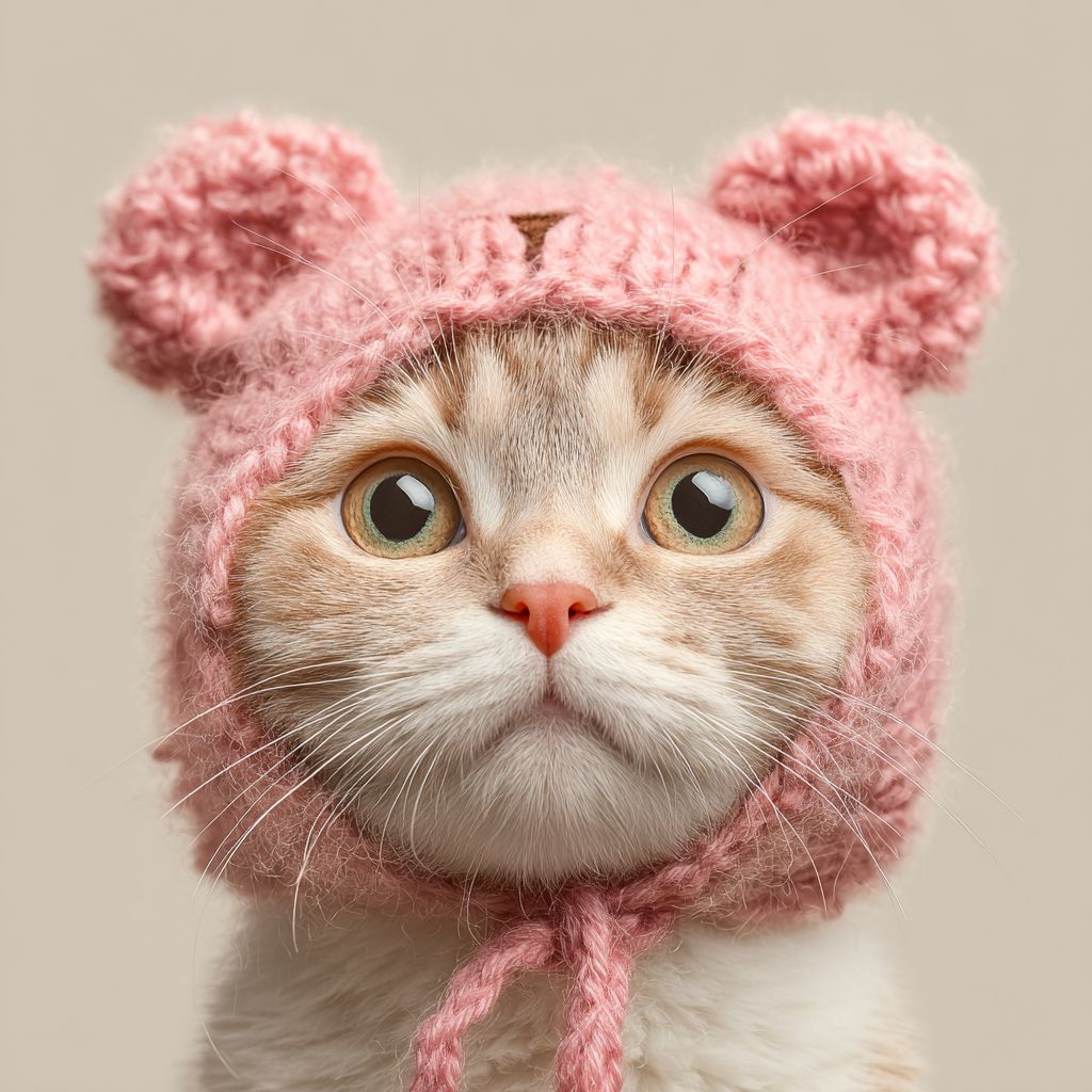 Un gato adorable con un sombrero de osito rosa