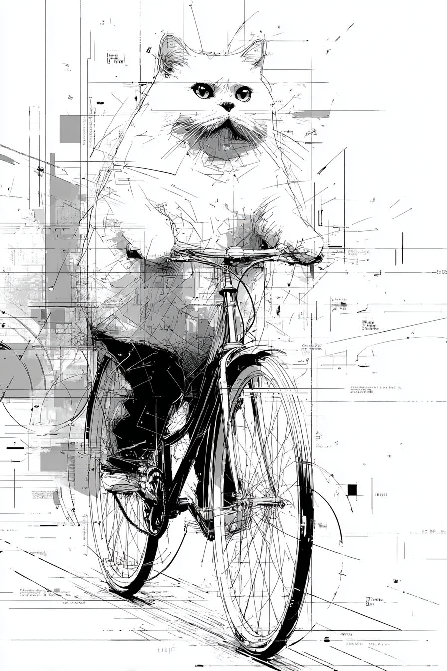 A hand-drawn line art of a fat cat riding a bicycle