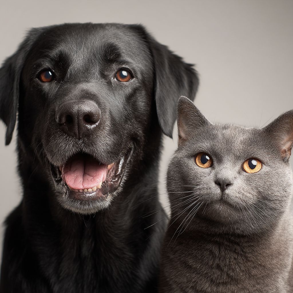 一只快乐的黑色拉布拉多犬和一只灰色猫微笑着看向镜头