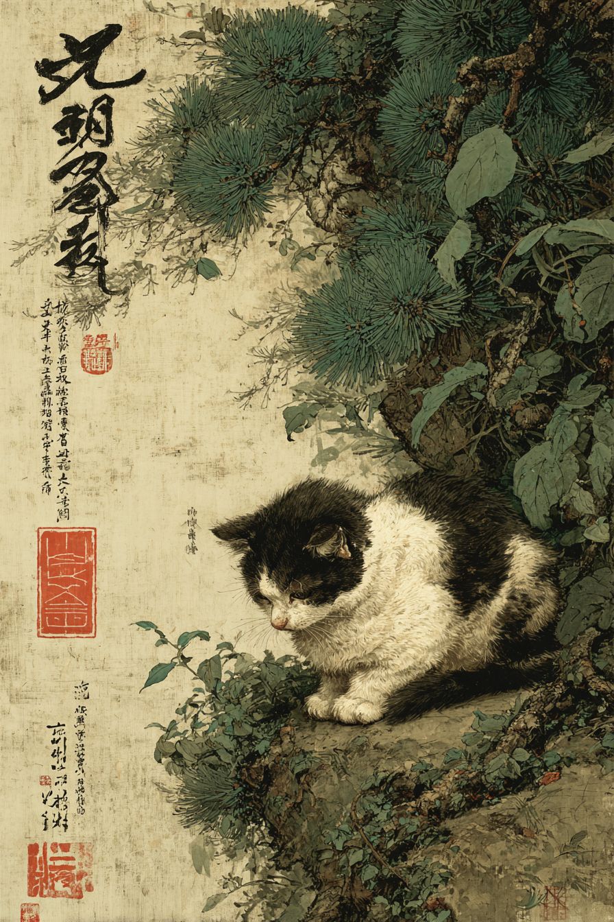 韓国の短髪を描いた伝統的な絵画、松林を背景にし、柔らかな緑と茶色のトーン