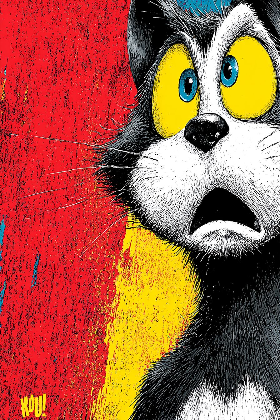 Eine Pop-Art Cartoon-Katze mit lebhaften Farben und übertriebenem Ausdruck