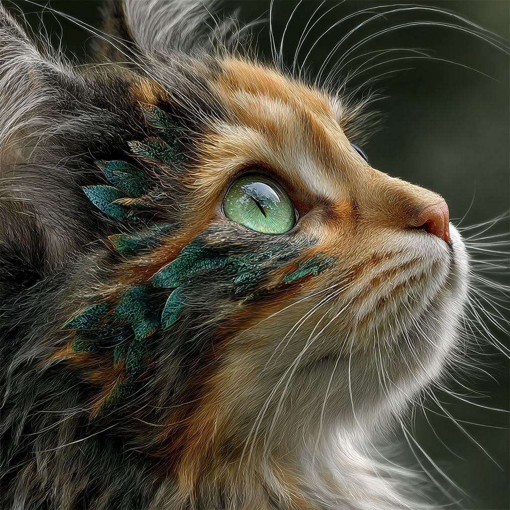 A fluffy tortoiseshell kitten with multicolored fur and bright green eyes