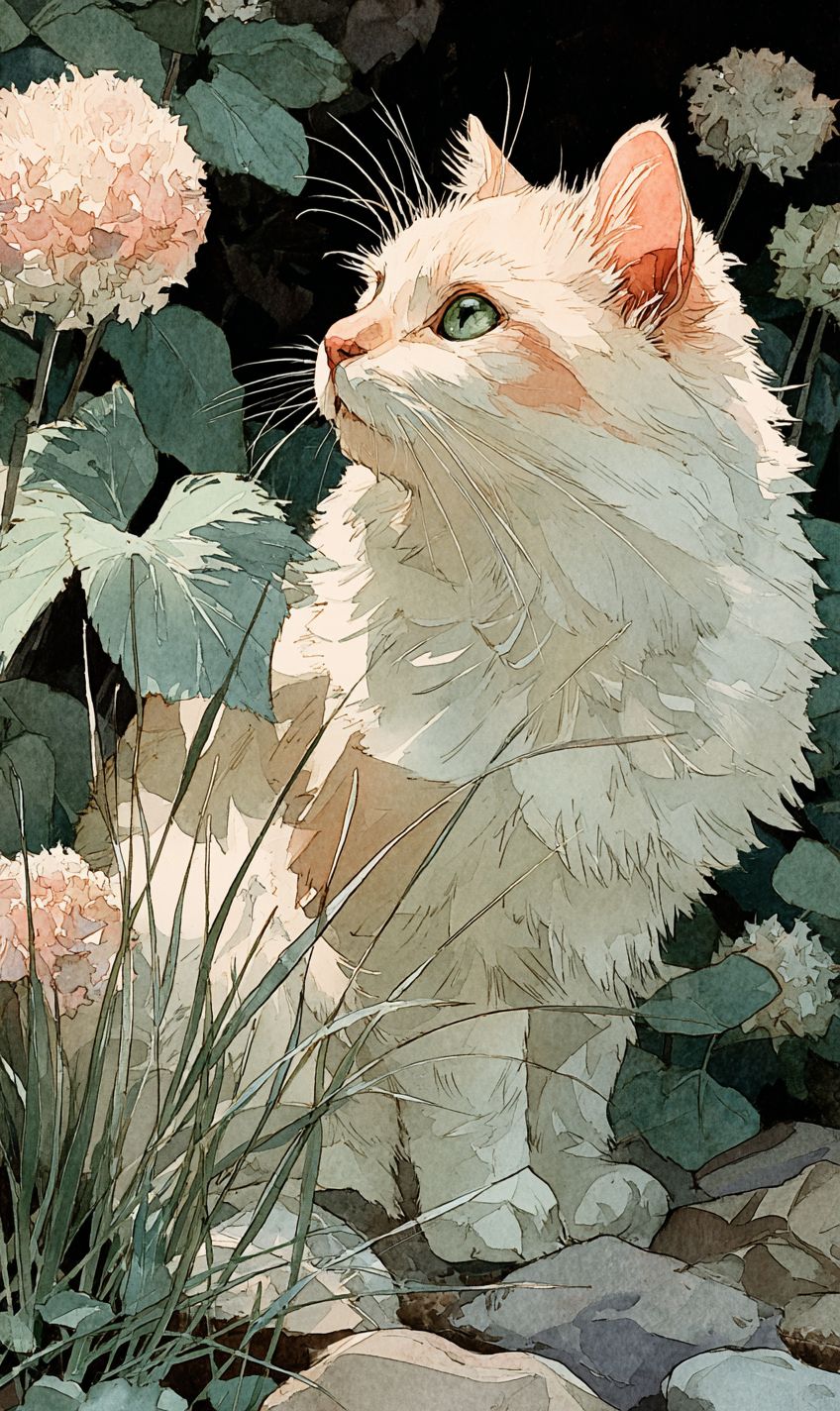 Um gato de cartoon em aquarela senta em um jardim de flores com uma expressão serena e pelo suave