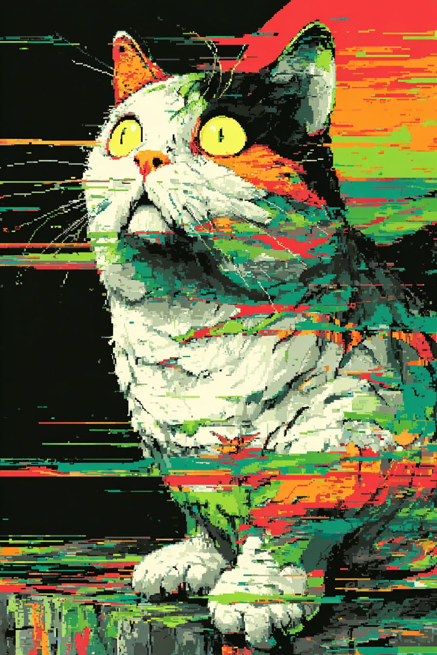 Un chat de dessin animé en art glitch avec des motifs de fourrure déformés flottant dans un vide numérique