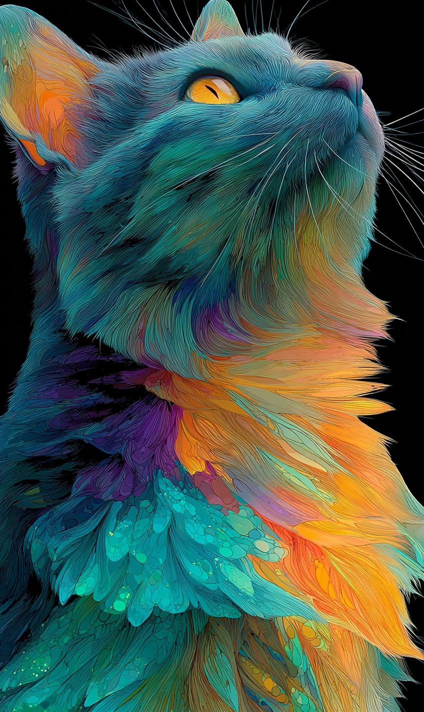 一只迷幻的卡通猫，拥有旋转的毛发图案和霓虹色彩背景